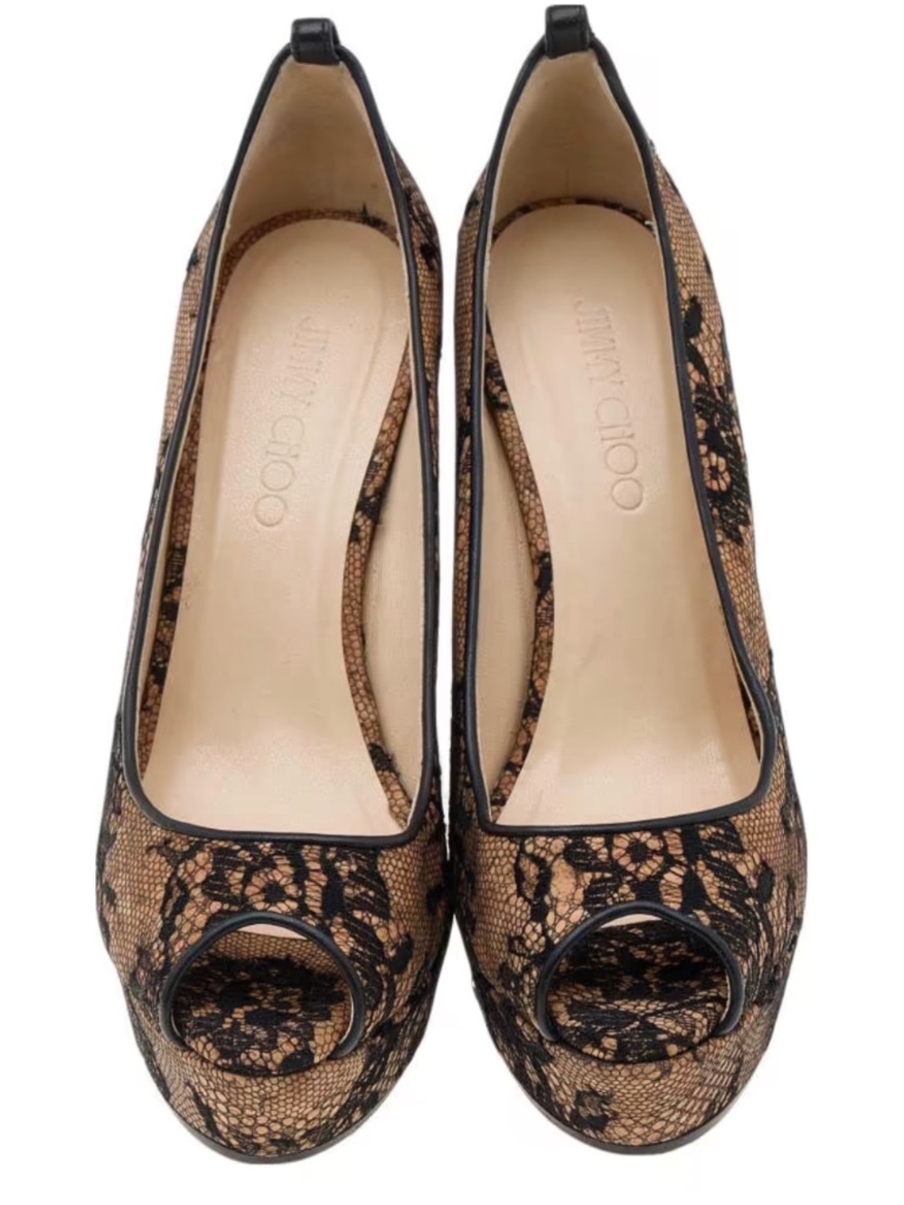 Jimmy Choo Beige Black Lace Cork Wedge Peep Toe Pumps EU 38